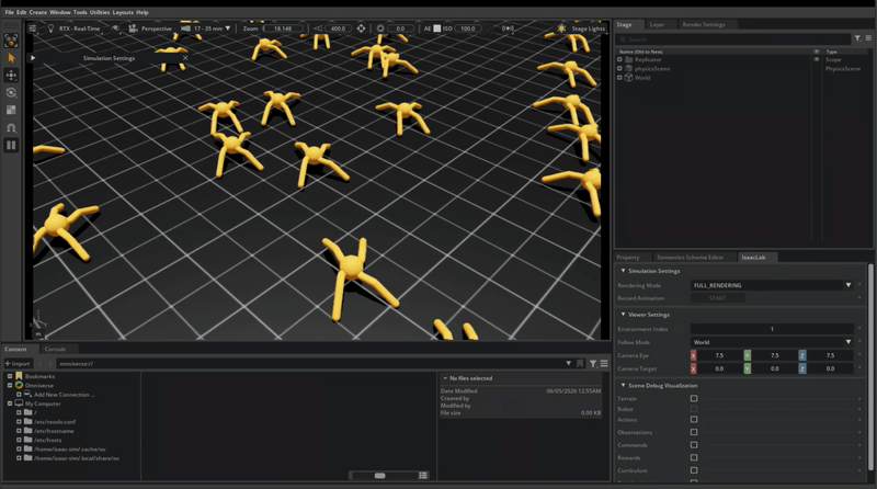 The trained Ant policy running live: multiple Ants walking across a flat grid, each executing the same learned locomotion policy. ~7-second loop, captured from the browser-streamed Isaac Sim viewer.