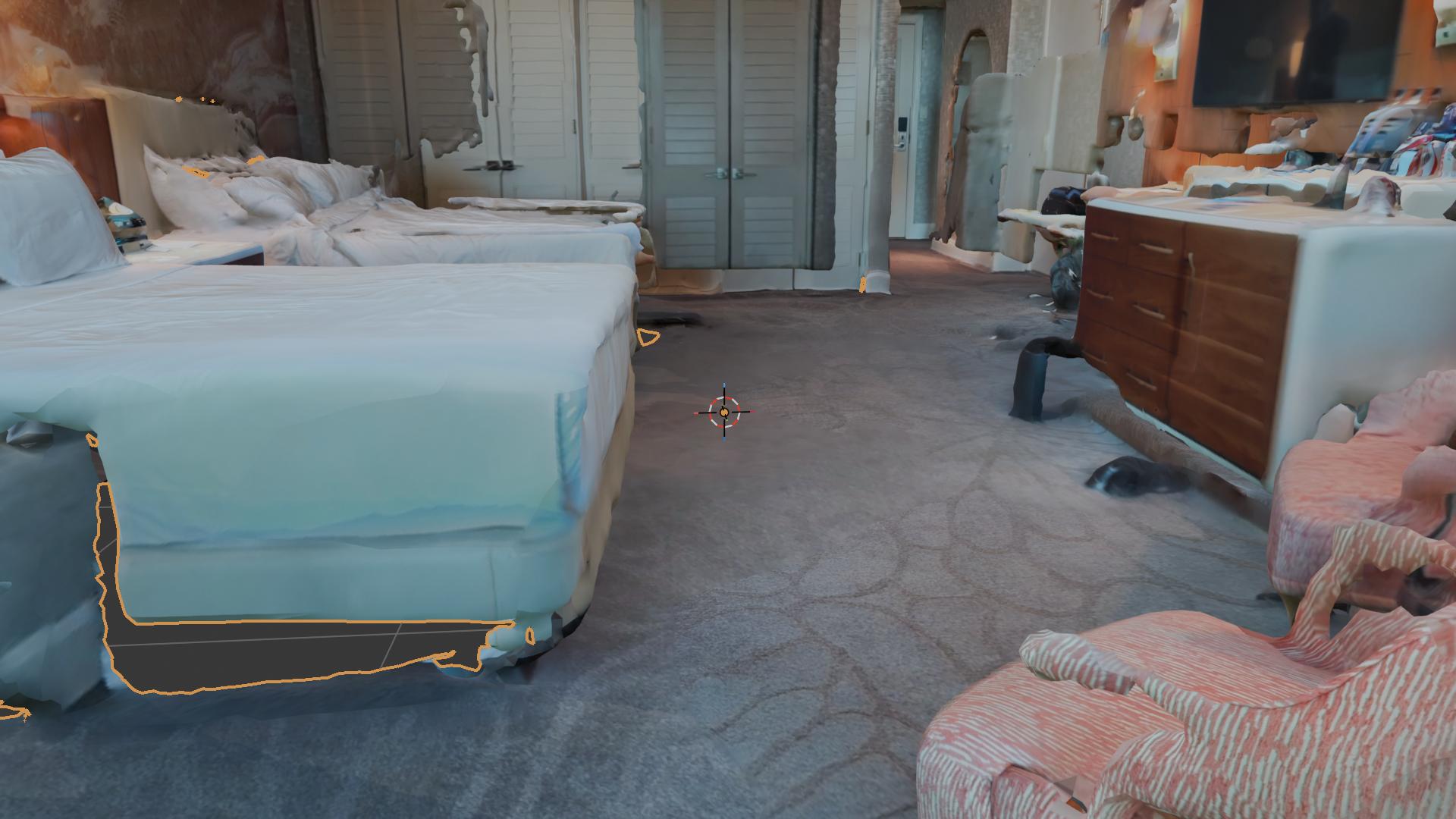 External view of the same hotel scan in Blender, looking down at the room from outside. The ceiling reconstructed as a mostly-continuous surface, with a few visible holes. Walls and floor are visible at the edges, but the ceiling occludes the actual contents of the room. This is the failure mode for external screenshots and the reason the obvious "hide the ceiling faces" fix breaks down.