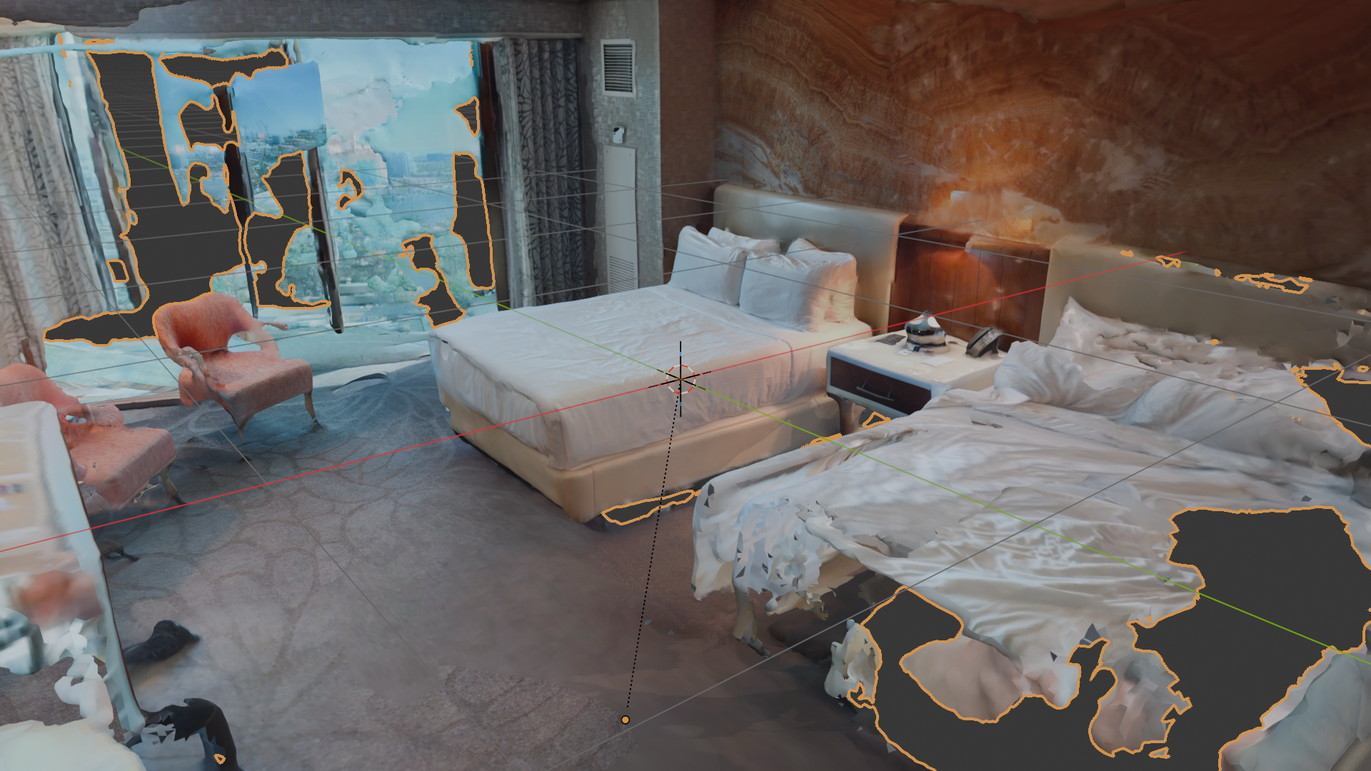 Interior viewport render of the hotel room scan in Blender 5.1.2 with Material Preview shading. Camera positioned low near a corner, looking across the room: bed with white linens in the foreground, dresser with a TV on the right wall, painting and framed door in the background. The improvement vs. the day-1 cruise-promenade scan is the visible story.