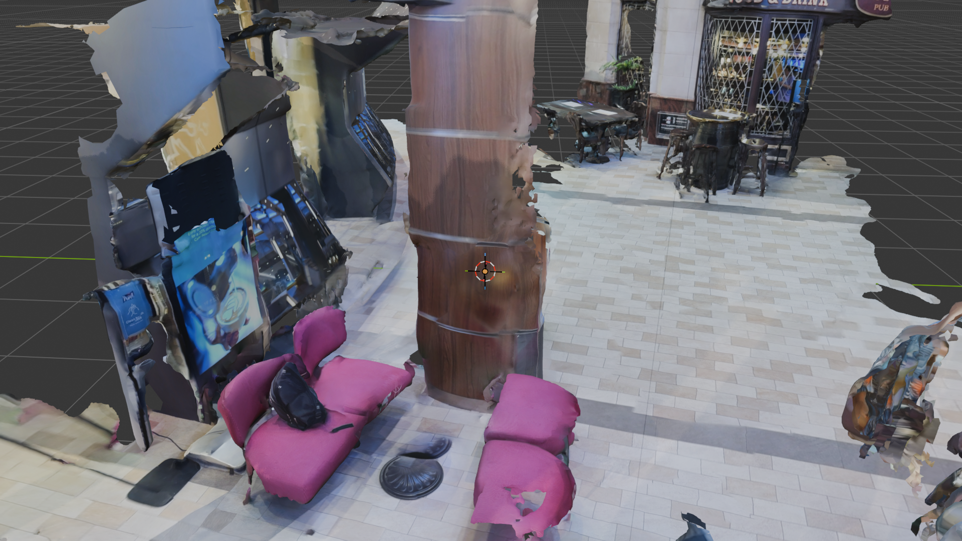 First-frame Blender render of the iPhone LiDAR scan: pink lounge chairs and a wood pillar in the Royal Caribbean Regalia promenade, captured with Scaniverse Classic mode, ~2-minute single sweep.